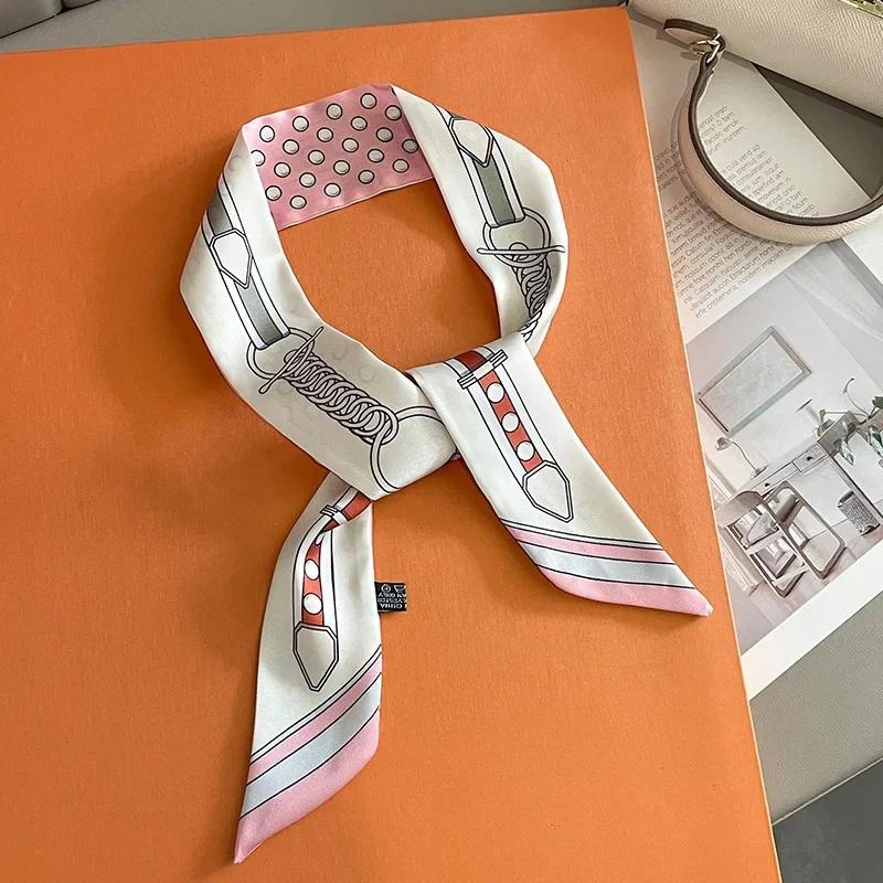 Silk Scarf Women Luxury Chain Print Bag Skinny Scarves Wraps Wrist Towel Foulards Neckerchief Headband Muslim Hijabs