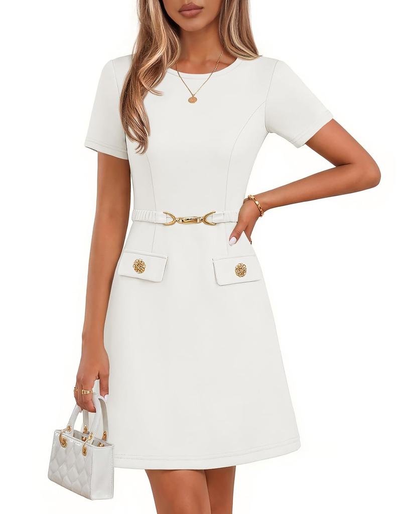 Women's Fashion Solid Color Waist Belt Decorative Summer Short Sleeve Workwear Dress Knee Length Elegant Casual Office Attire