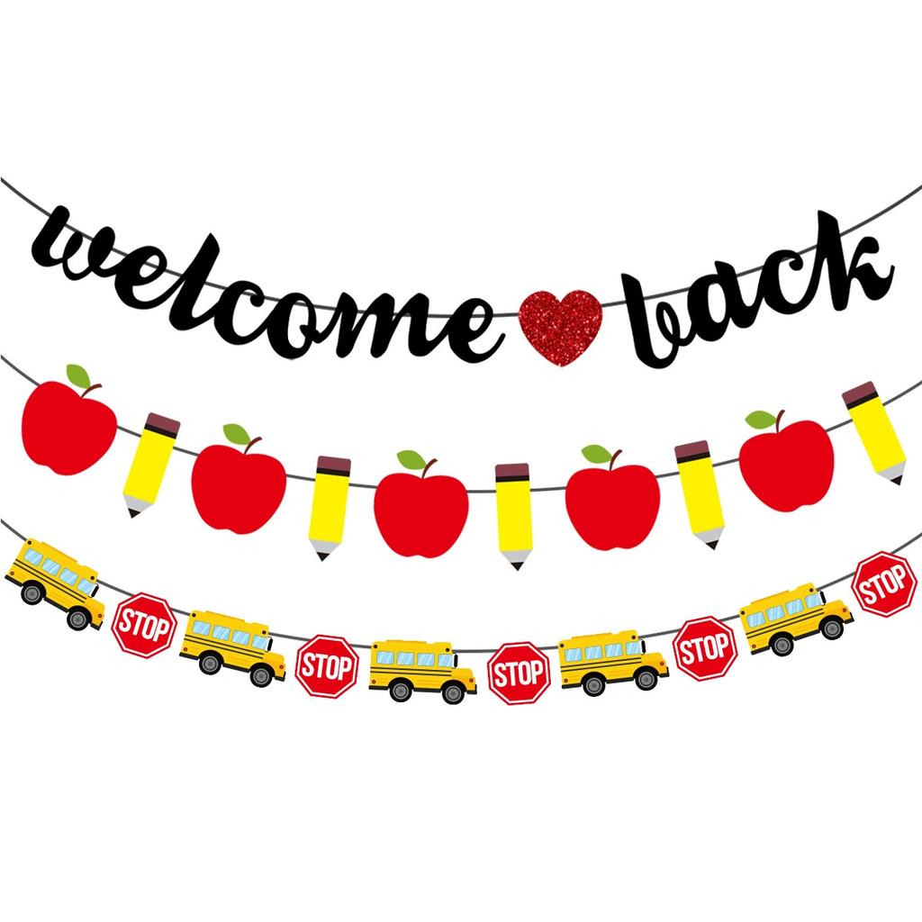 Cartoon Back To School Theme Swirl Hanging Garland Welcome Back Banner First Day of School Blackboard for Classroom Decoration