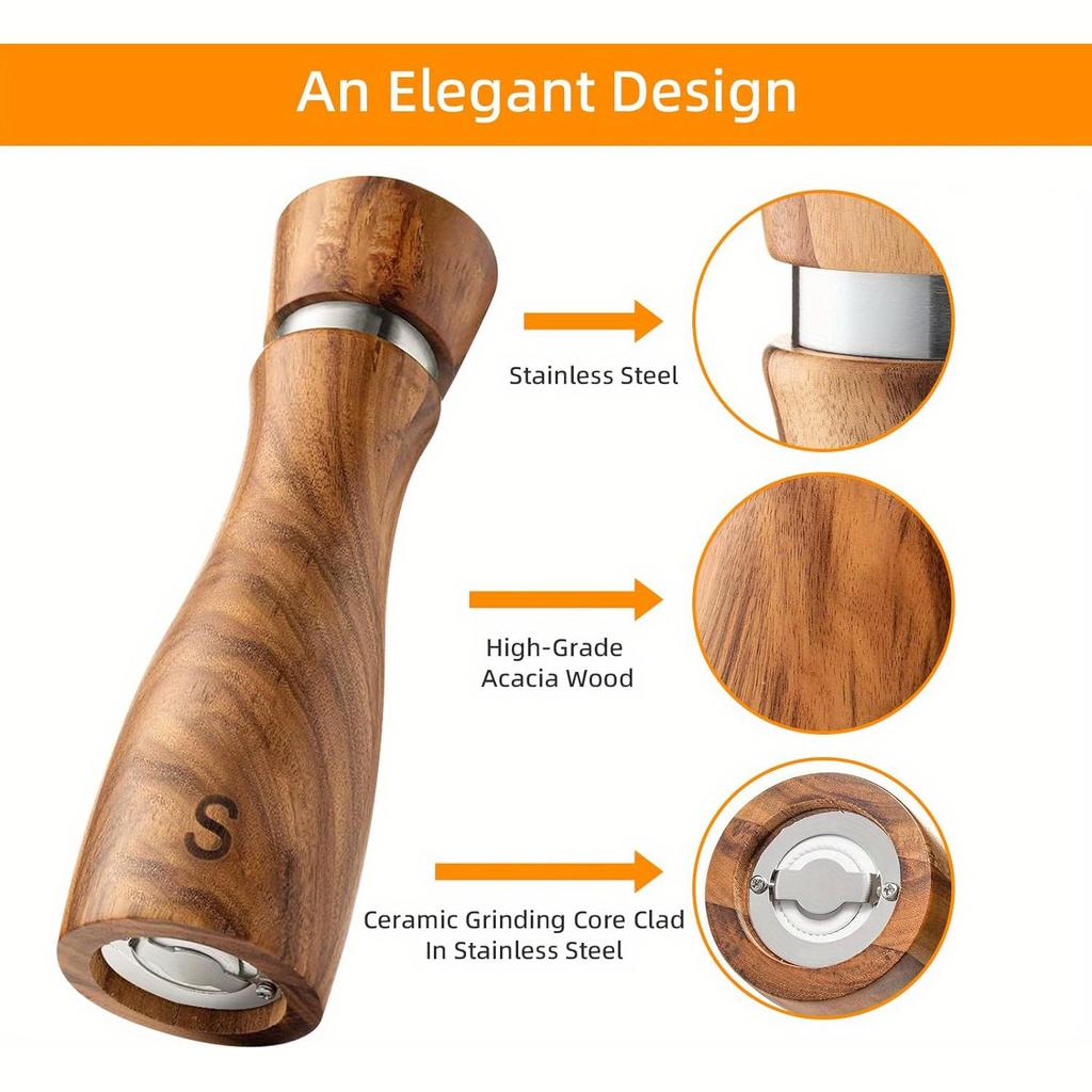 2pcs/pack Wooden Salt And Pepper Grinder Set Solid Acacia Wood Crafted Adjustable Coarseness Manual Grinder with Mill Tray