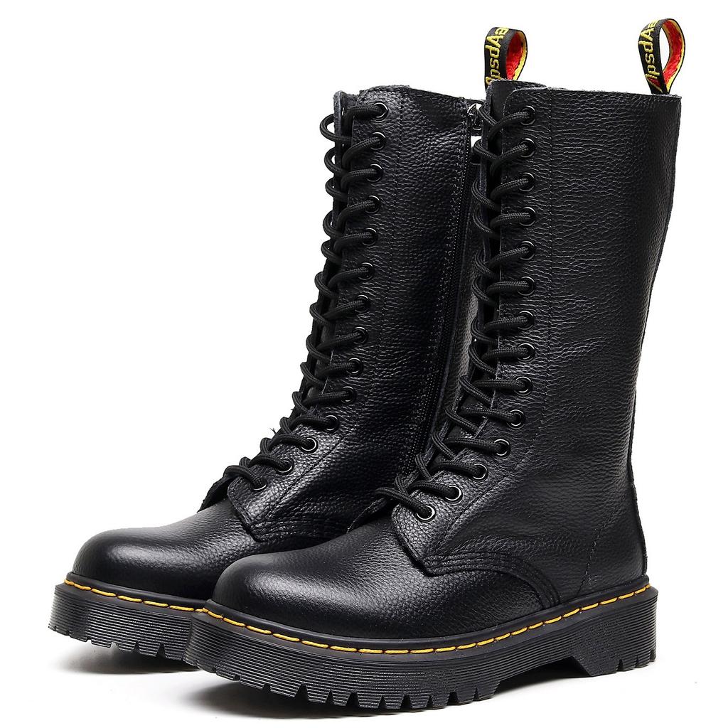 Medium and thick bottom lychee pattern locomotive boots women's hole British first layer heightening short boots men's and women's leather boots round