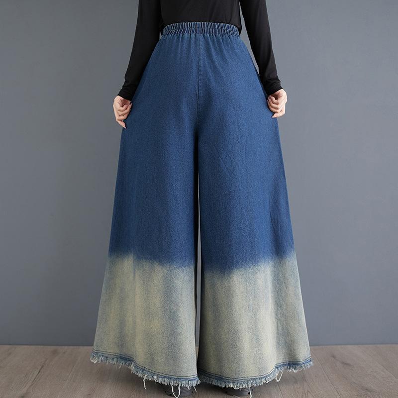 Spring Autumn Plus Size Vintage Gradient High Waist Casual Loose Women Jeans Denim Wide Leg Pants