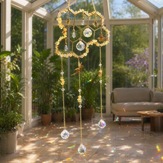 Yousheng Honeycomb Crystals Suncatcher, Window Hanging Pendants, Sun Catcher with Crystal Prisms, Sparkling Wind Chimes, Home Indoor Outdoor Garden
