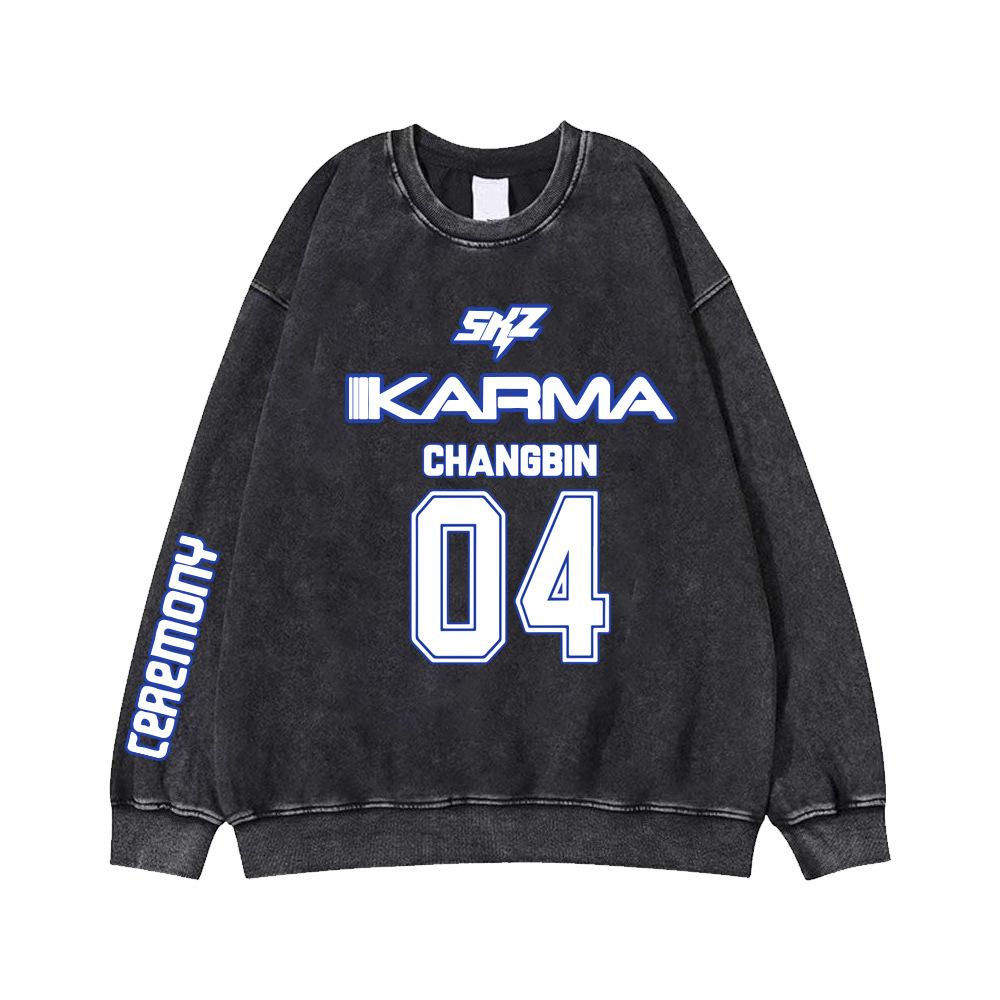 Stray Kids SKZ Karma Crewneck Sweatshirt Kpop Merch Member Name Number Print Vintage Pullover Casual Streetwear Unisex Long Sleeve Tops for Fans