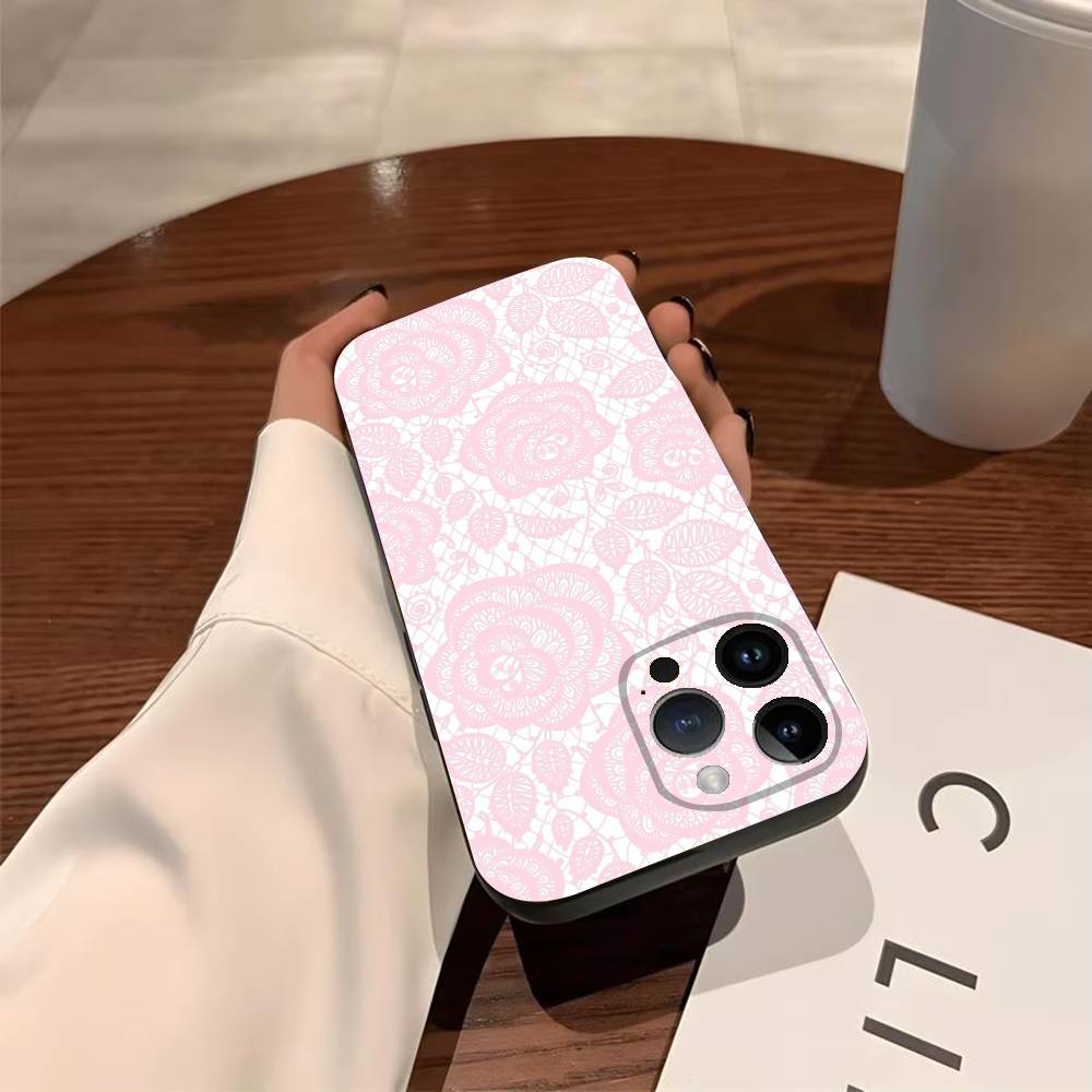 Lace Print Phone Case For iPhone 17,16,15,14,13,12,11,Pro,Max,Plus Soft Black Cover