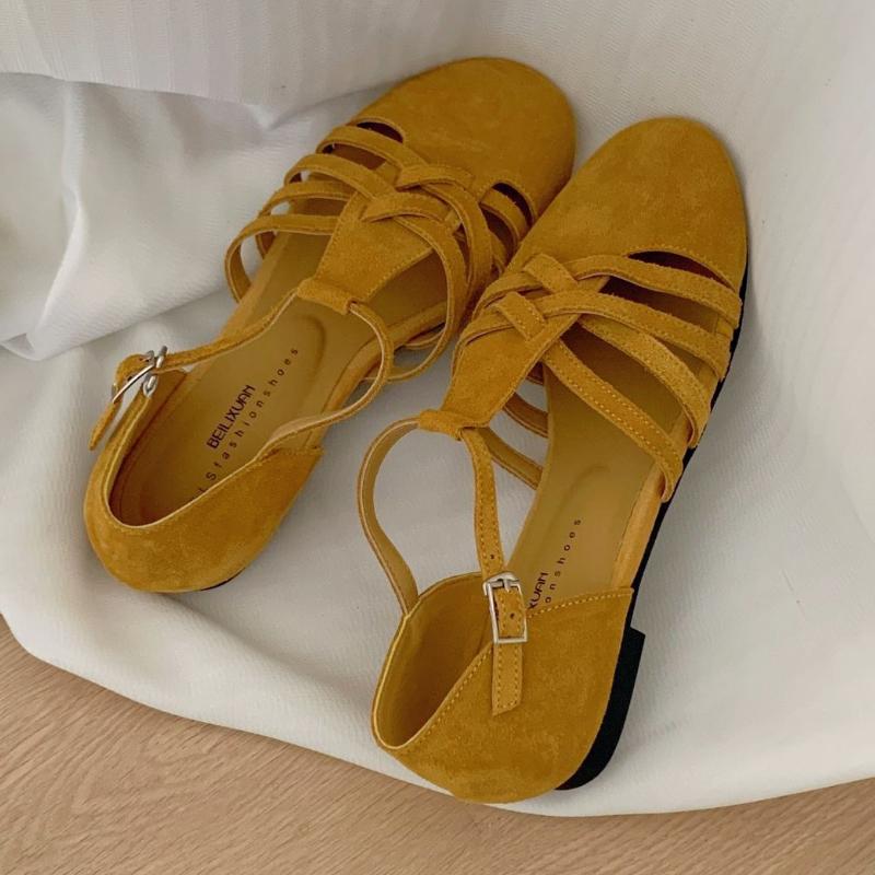 

Fashion High Quality Faux Suede Flat Sandals Women Fashion Narrow Band Buckle Roman Shoes Comfortable Round Toe Brand Designer Shoes 39 жёлтый