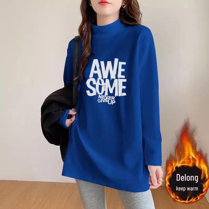 Black Semi-High Neck Long-Sleeve T-Shirt: Women's Mid-Length Velvet Blend for Spring/Autumn 2025.