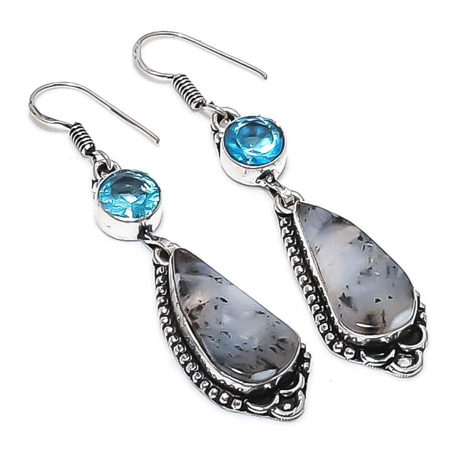 Dendrite Opal, Topaz Gemstone 925 Sterling Silver Jewelry Earring 2.44"