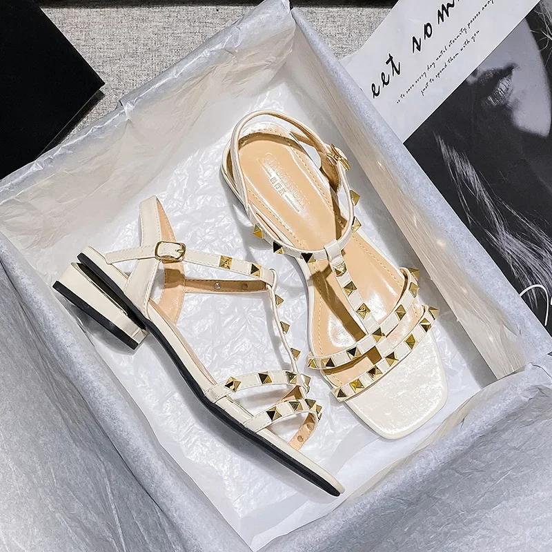 Women Modern Sandals Summer New Luxury Beautiful Rivet Band Leather Casual High Heels Shoes Sweet Pumps Big Size