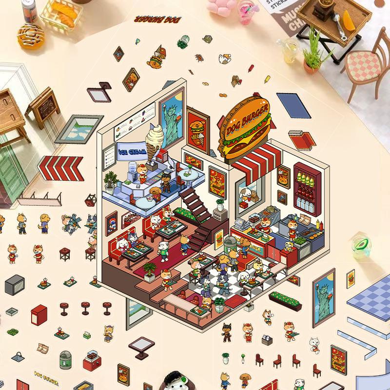 Kreslené krajinné samolepky Vícenásobný miniaturní svět 3D chata Rozbalit DIY scéna Ruční příspěvek