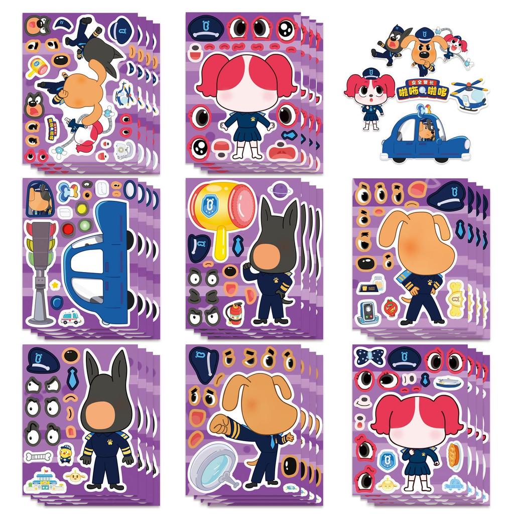 8PCS DIY Make a Face Sticker, Cute Dog Sheriff Puzzle Decals, Waterproof Vinyl Swap Face Stickers for Phone Laptop Helmet