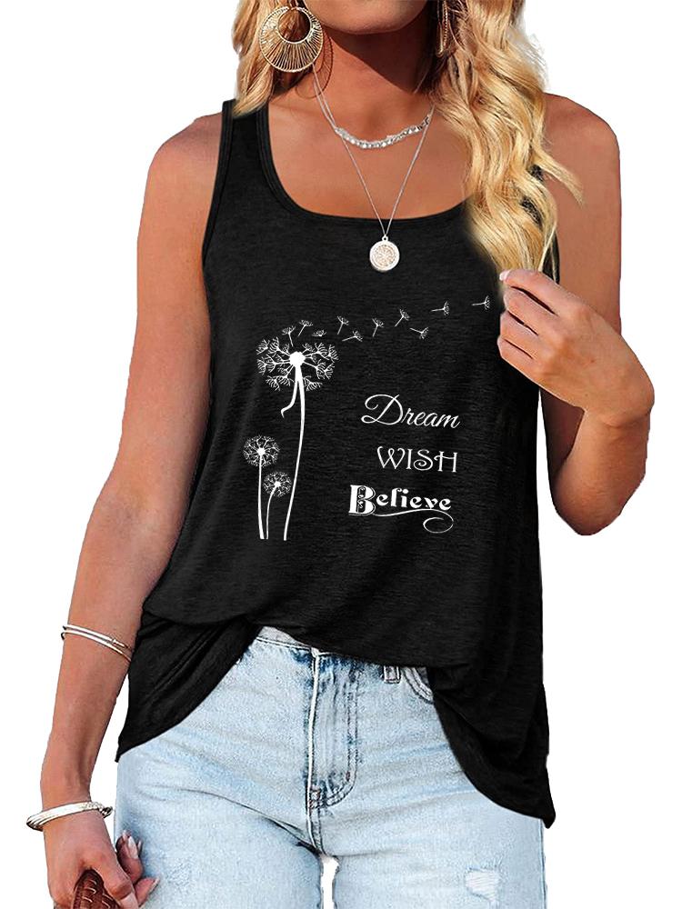 

Женская мода Футболка без рукавов с принтом и круглым вырезом Летняя повседневная свободная майка XXL чёрный