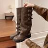 Botas de cavaleiro de sola grossa, bico redondo retrô, novas para primavera e outono de 2025, perna longa, botas de empilhar, botas de perna alta, botas longas
