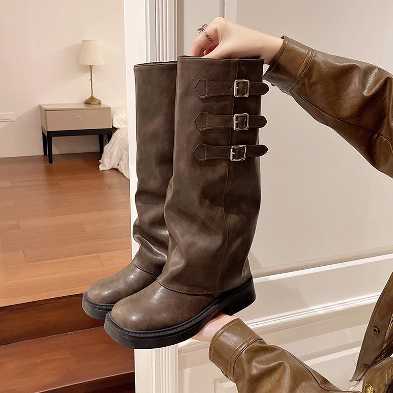 Botas de cavaleiro de sola grossa, bico redondo retrô, novas para primavera e outono de 2025, perna longa, botas de empilhar, botas de perna alta, botas longas