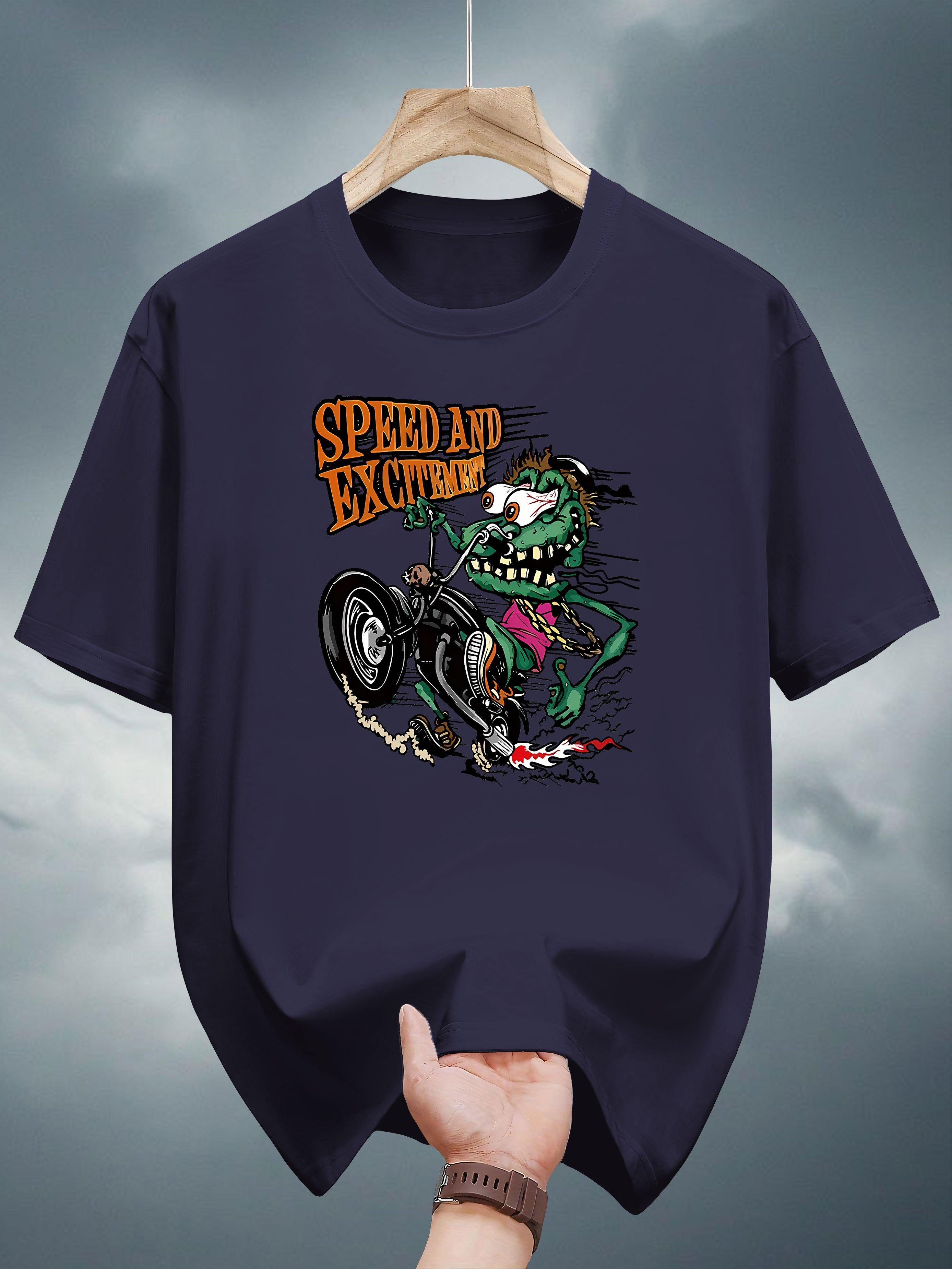 

Print Short Sleeve T-shirt - Speed and Excitement Graphic with Green Dragon and Motorcycle XXXXL