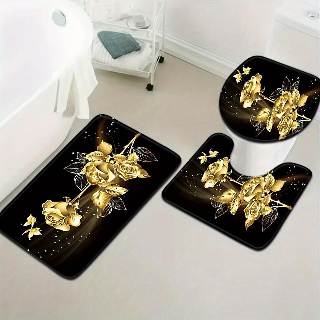 3pcs Golden Rose Butterfly Bathroom Rug Set Non-Slip U-Shaped Mat and Toilet Lid Cover Black Gold Theme Washable Floor Mats