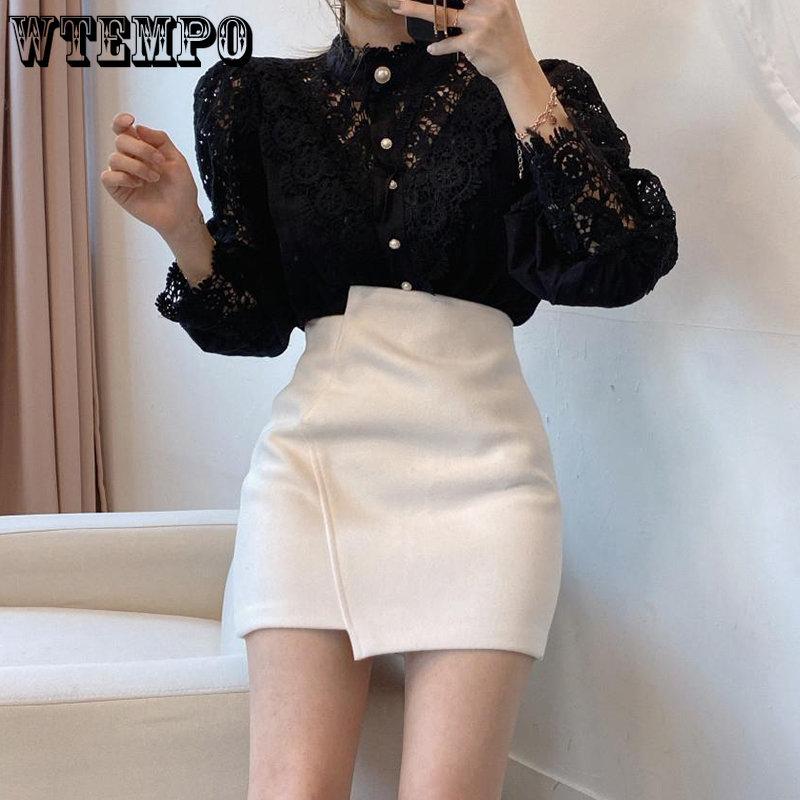 WTEMPO Women Hite Lace Patchwork Hollow Out Shirt Long Sleeve O-Neck Mesh Tops Spring Elegant Solid Button Blouses