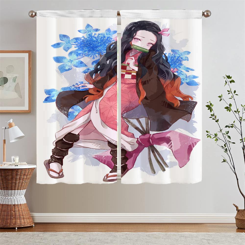 Nezuko Kamado Curtain Window Curtains for Living Room Decoration Curls Tulle In Kitchen Curtains 2 Pieces Window Blinds Blackout