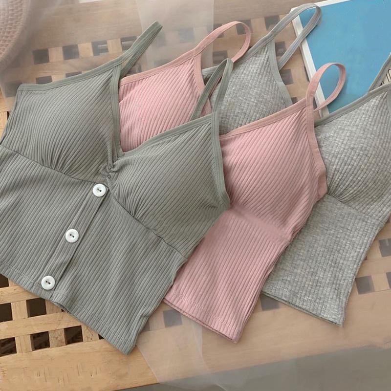 Fashion Ladies V-Neck Knitted Button Strap Vests Sexy Solid Colors Sleeveless Tank Tops Spring and Summer and Autumn Seamless Underwear Camisoles