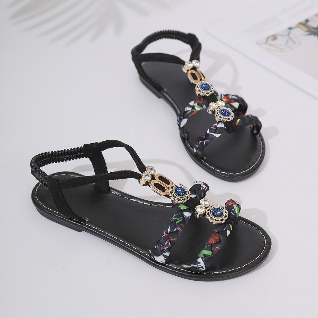Women's Bohemian Style Sandals, Summer Colorful Woven Beaded Round Toe Comfort Flat Sandals