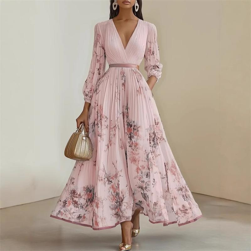 Spring Summer Ladies Elegant Dress Sexy V-neck Print Long Sleeve Big Swing A-line Holiday Dress Women Maxi Dresses Clothing