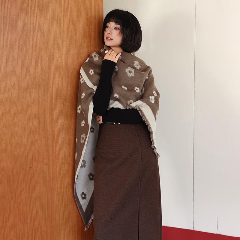 Winter Cashmere Scarf For Women Luxury Flowers Print Shawl Wrap Thick Warm Blanket Echarpe Pashmina Female Gift