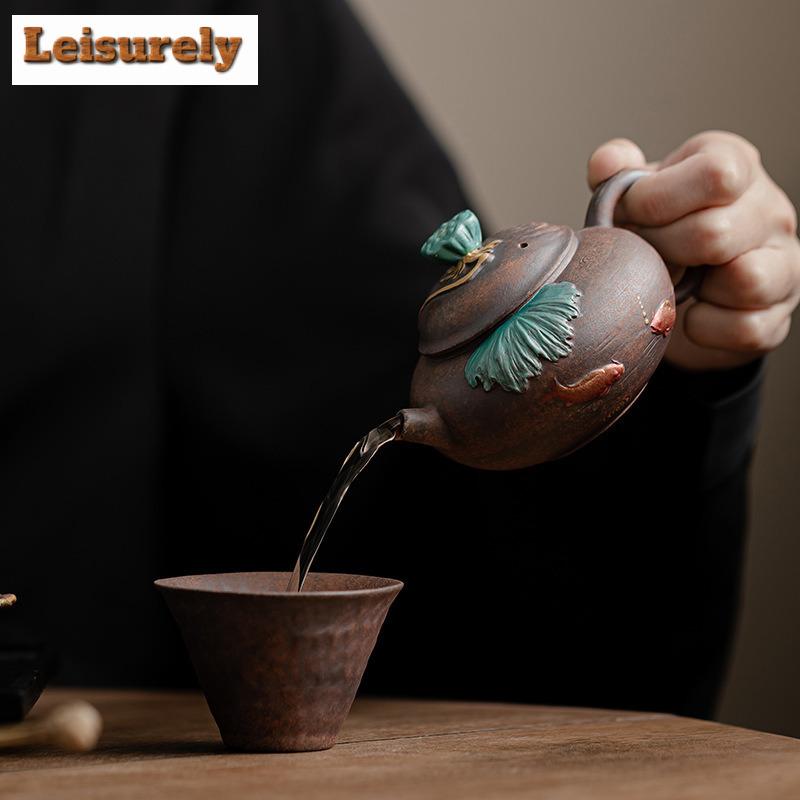 150ML Lotus Koi Fish Old Rock Mud Teapot Aesthetic Tea Infuser Pot Tea Maker Kettle With Filter Tea Services Supplies Craft Gift
