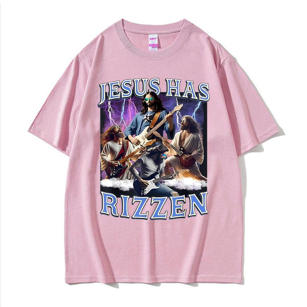 Funny Jesus Has Rizzen Rock Star Tee Shirt Mens Clothing Fashion Gothic Cool T Shirt Unisex High Quality Cotton Summer Tshirts