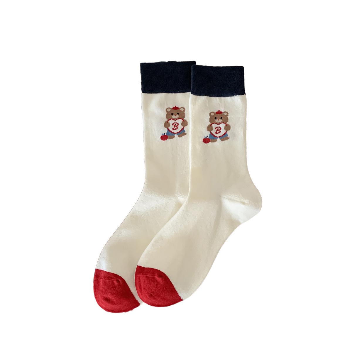 

Вышитые носки до середины икры с мишкой, женские хлопковые носки, полосатые носки, женские повседневные и универсальные носки до середины икры 1 pair