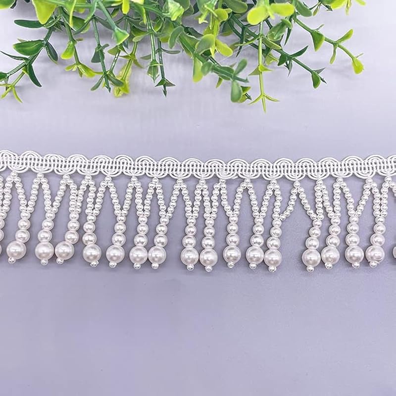 2 Yards White Silk Tassel Fringe Trim Beads Tassel Lace Ribbon Sewing Clothing Edge Curtain Pearl Pendant Tassels (A) A