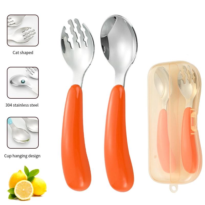 

Cute Cartoon 304 Stainless Steel Baby Cutlery Set Toddler Spoon Fork Round Handle Kit Mother And Baby Gifts оранжевый