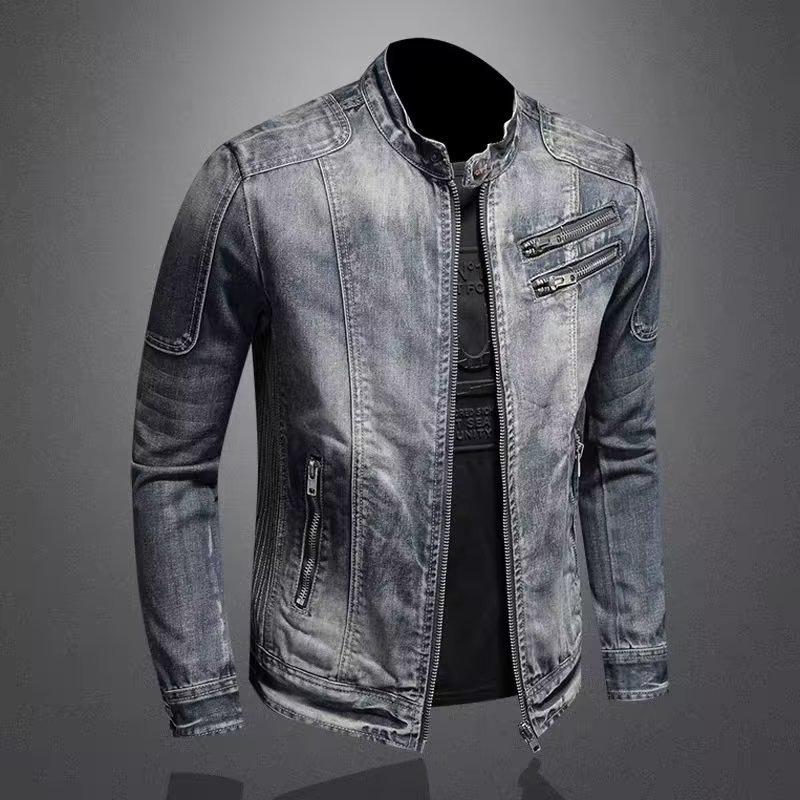 Men's European-Style Retro Slim Fit Denim Motorcycle Jacket with American Trend Influence