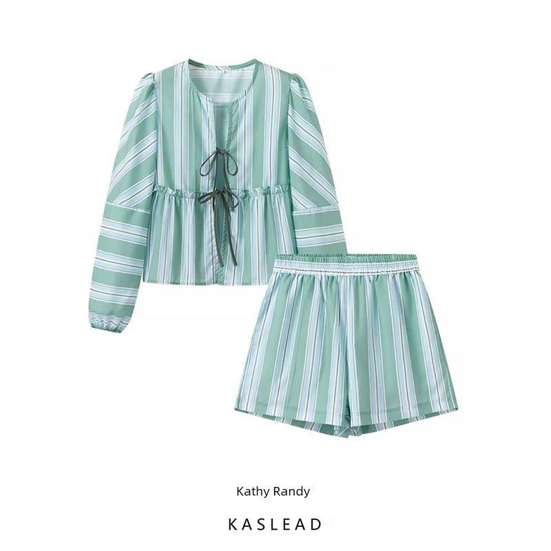 Kaslead New Arrival Women's Clothing Fashion Style Fashion Minimalist Lace-up Long Sleeve Tops Casual Shorts Suit