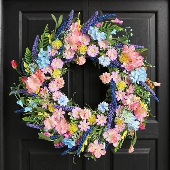 Spring Wreath for Front Door Artificial Floral Wreath with Eucalyptus Leaf Lavender Wildflowers for Easter Indoor Outdoor Home Farmhouse Wall Decor