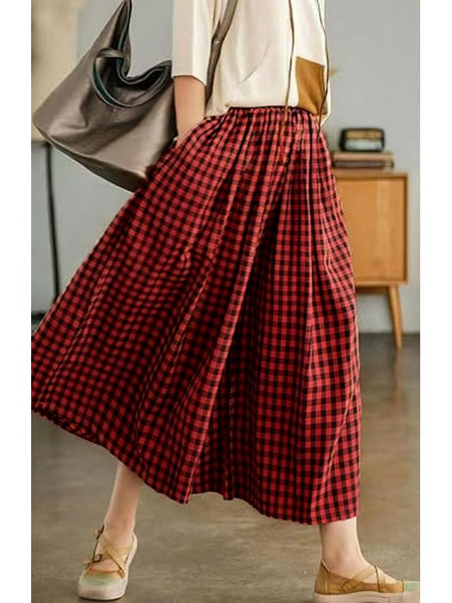 2024 Autumn Plus Size Plaid Cotton Linen Wide-Leg Skirt Pants - Elegant and Casual