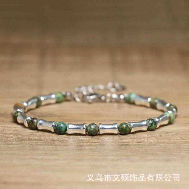 Green Aventurine & Silver Bamboo Bracelet – Adjustable Dainty Jewelry, Growth Calm Gift for Women