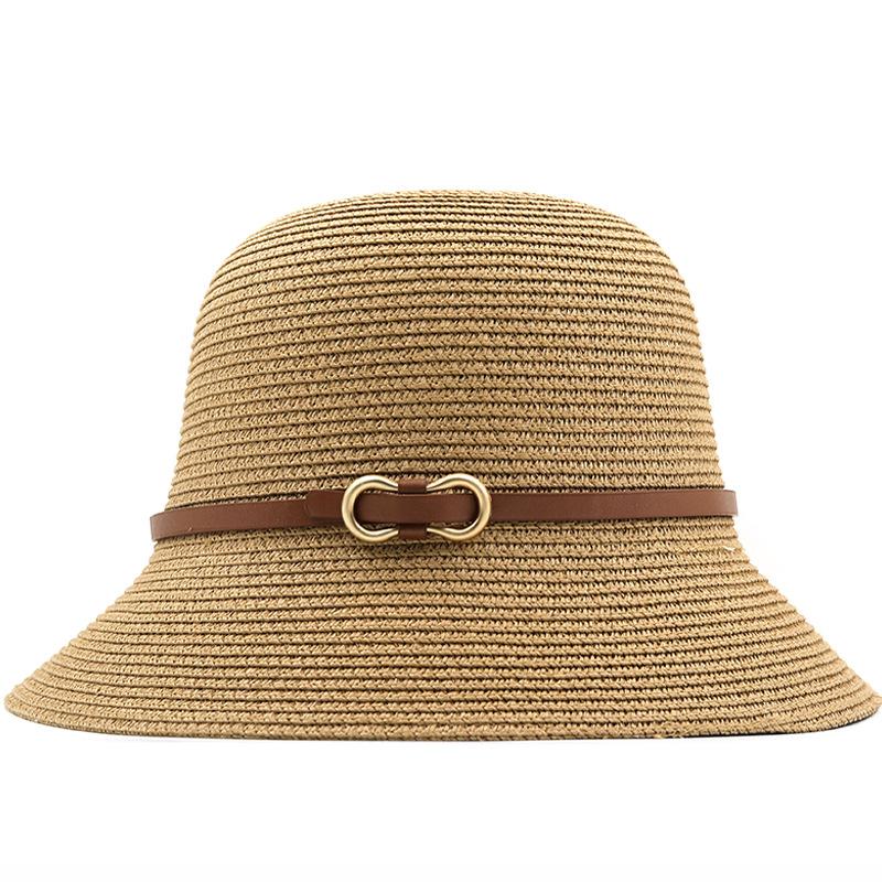 Summer Straw Breathable Flat Top Bucket Hat Ladies Celebrity Belt Buckle Fashion Sunshade Shade Hat
