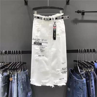 Gonna jeans casual a vita alta da donna primavera e autunno, gonna in denim con foro per lettere, pacchetto bianco