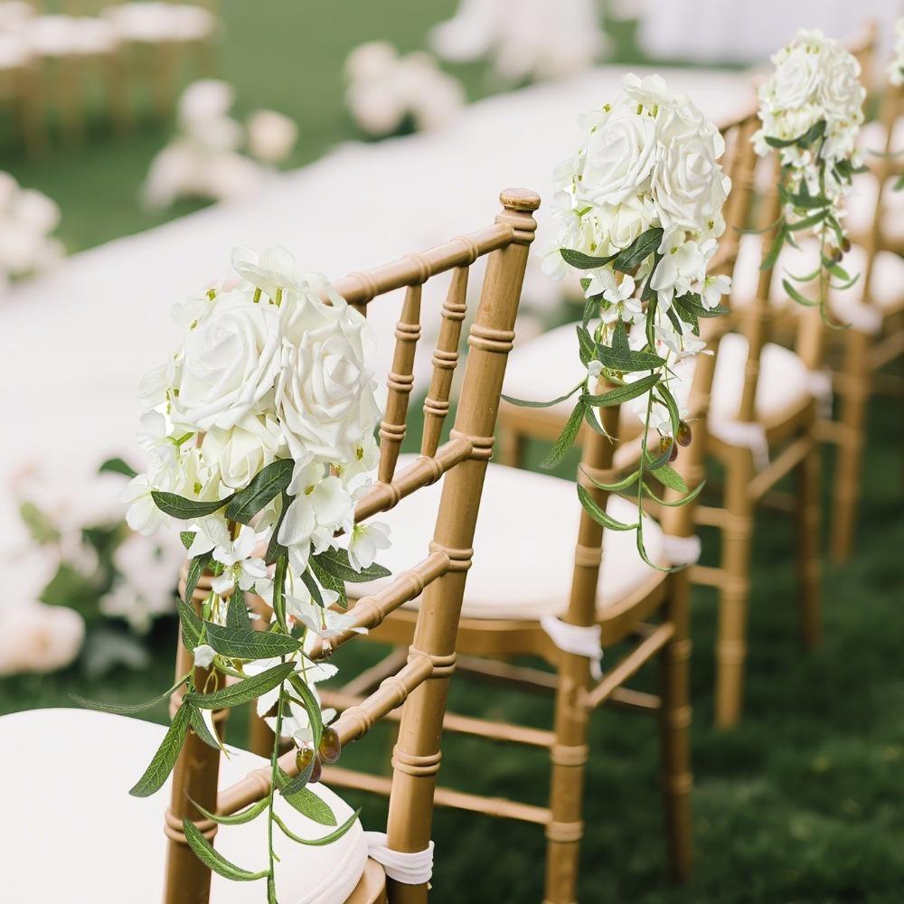 Rose Eucalyptus Wedding Chair Back Flower Rustic Pew Rose Flower  Outdoor Wedding Ceremony