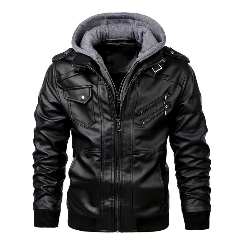 Hood Leather Jacket Streetwear Biker Coat Slim Fit Autumn Winter Coat Men Fur Lined Men Motorcycle Jacket Fashion Men Jacket