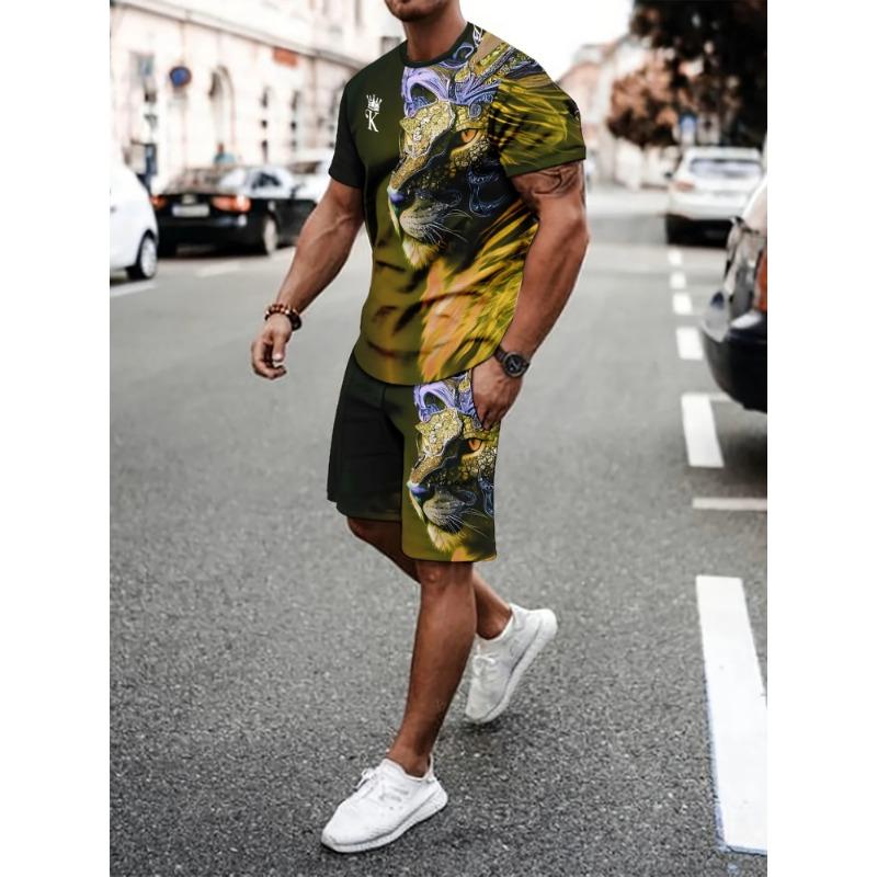 Herren Sommer Kurzarm Set Hip Hop Cartoon Bär Print Kurzarm Oberteil Shorts Lässig Zweiteilig Outdoor Urban Street Fashion