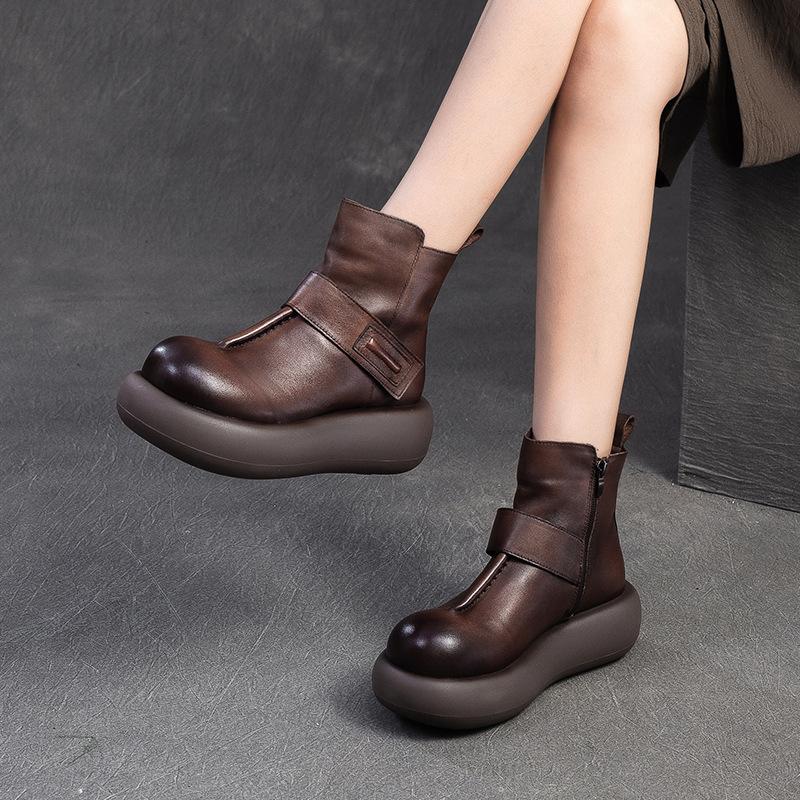 GKTINOO Genuine Leather Women Short Boots Retro Round Toe Shoes 2025 New Winter Handmade Soft Sole Flat Platform Boots