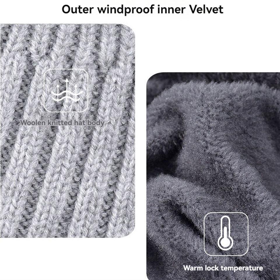 Loogdeel Unisex Winter Knitted Cap Windproof Velvet Warm Ear Protection Padded Wool Hat for Outdoor