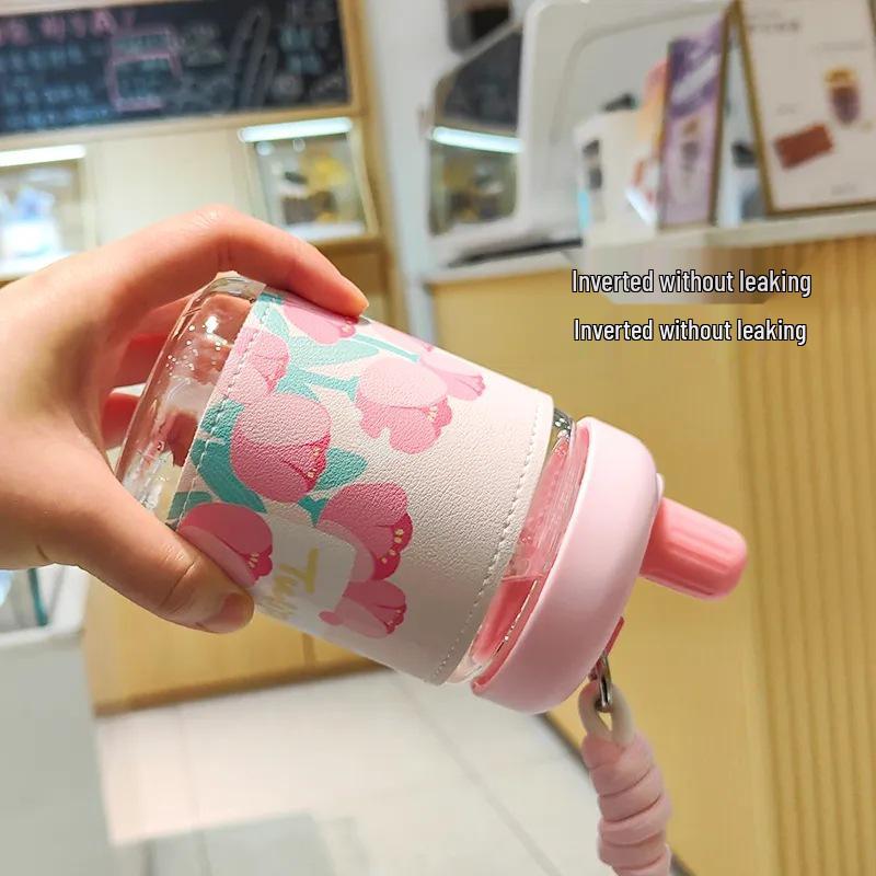 Influencer Portable Insulated Glass Water Cup with Leather Sleeve – Stylish Gift for Female Students