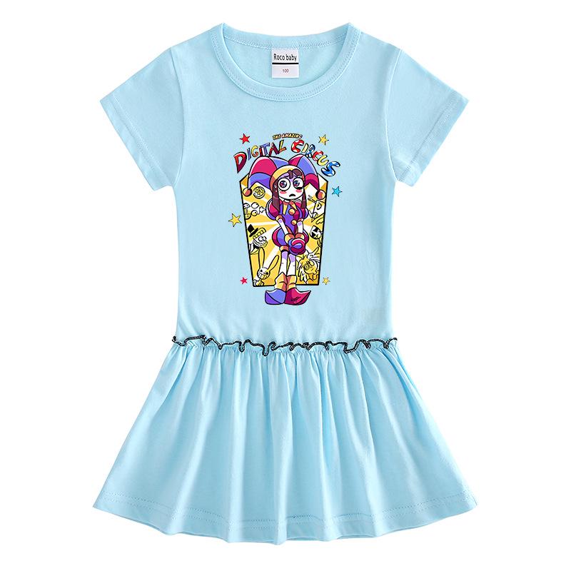 2026 Summer Korean Style Cartoon Short Sleeve Girls' Dress with Color Block and Pleated Skirt