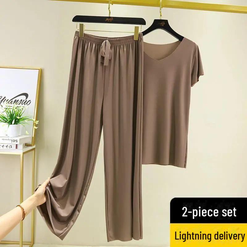 

Женский летний костюм-двойка Ice Silk 2023 года: Топ с коротким рукавом и широкие брюки для спорта и отдыха. 4XL темные хаки