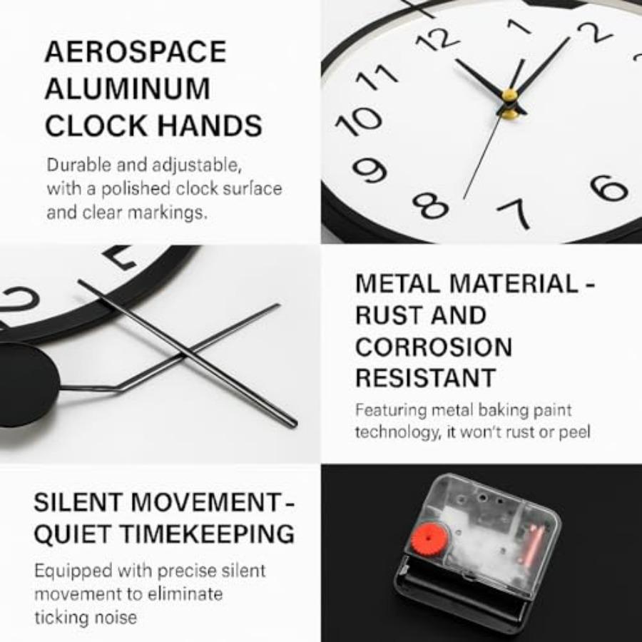 Large Modern Wall Clock Decorative for Living Room with Operated Non-Ticking Silent Metal Wall Clock In Black 10inch with Shelf
