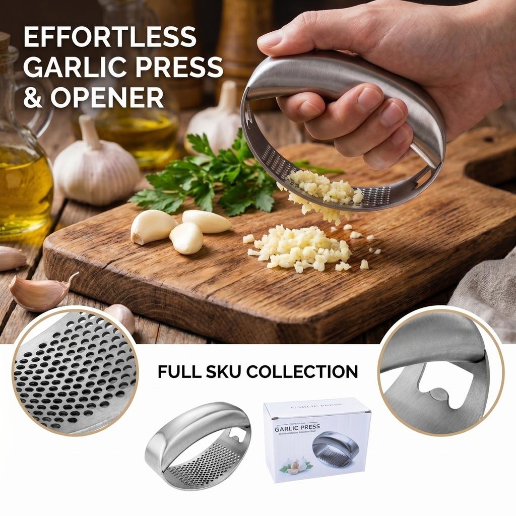 Stainless Manual Garlic Press with Handle, Easy To Use Garlic Mincer and Crusher for Kitchen