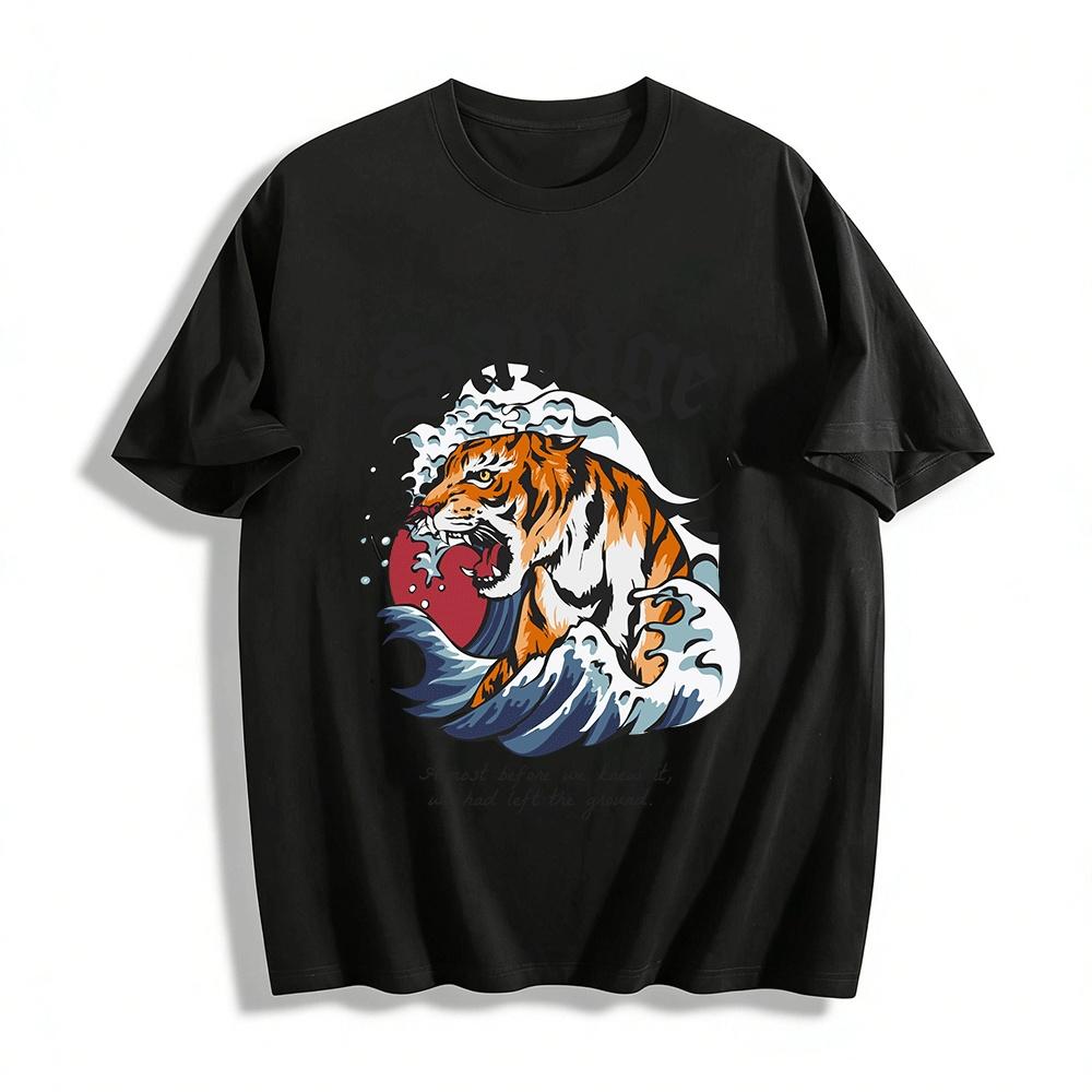 

Vintage Style Tiger In Waves Graphic Unisex Casual Tee Pure cotton T-shirt XXS
