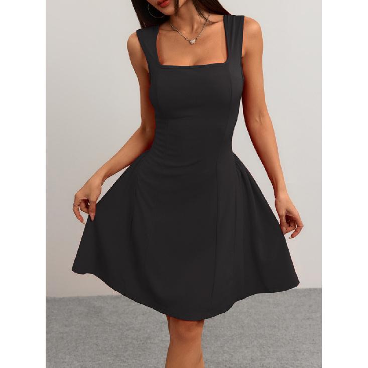 Fashion Solid Color Party Square Neck Backless Mini Slip Dresses 2025 New Elegant High Waist Club Pleated Short Dress